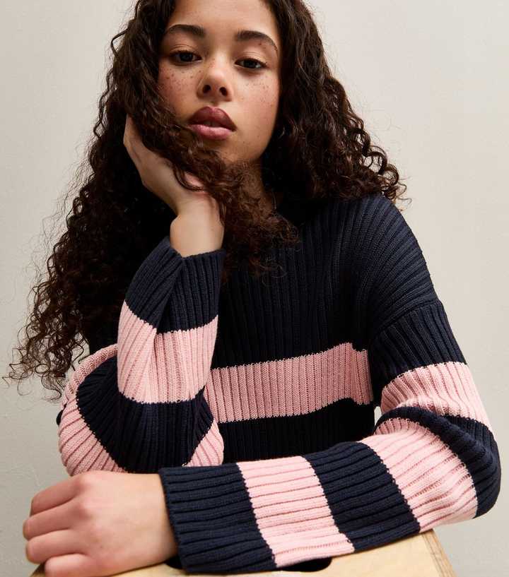 Girls Navy Stripe Ribbed Knit Jumper