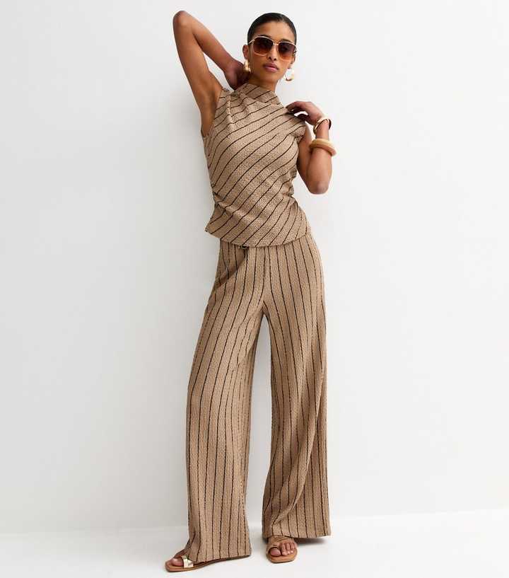 Brown Crinkled Striped Wide Leg Trousers