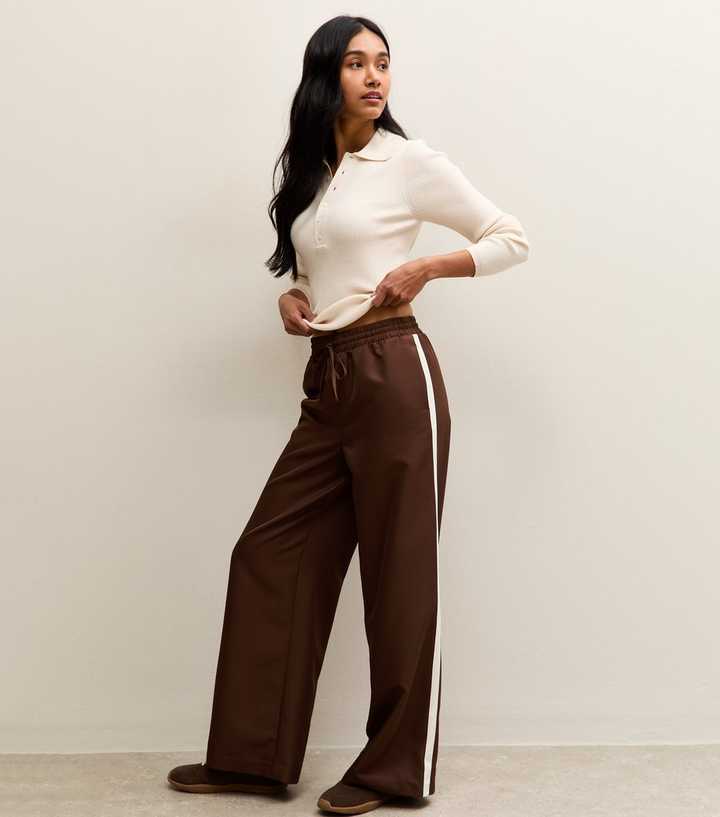 Dark Brown Side Stripe Wide Leg Trousers