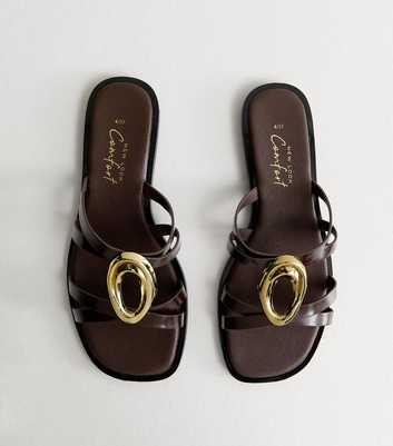 Dark Brown Gold Abstract Buckle Mule Sandals