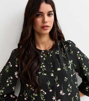 Black Floral Print Crop Sleeve Blouse