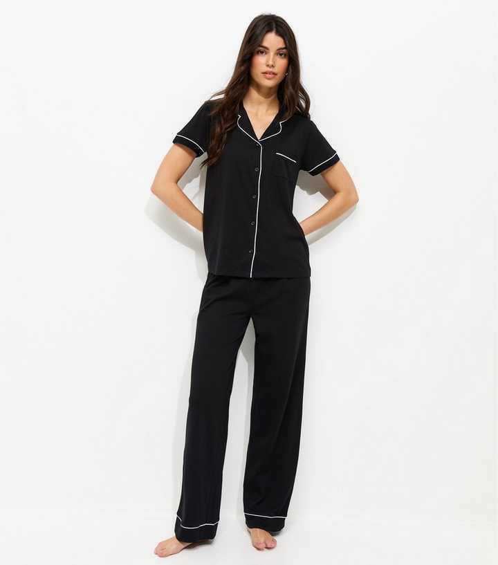 Black Contrast Piping Revere Shirt and Trousers Pyjama Set
