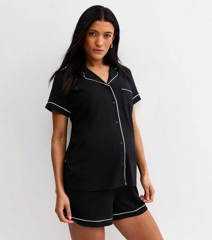 Maternity Black Jersey Revere Collar Pyjama Shorts Set