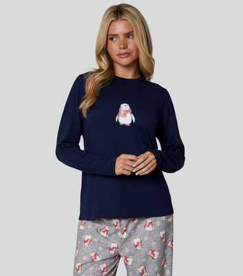 Loungeable Navy Penguin Print Top and Trousers Pyjama Set