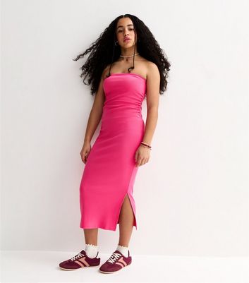 Girls Bright Pink Ribbed Jersey Bandeau Maxi Dress