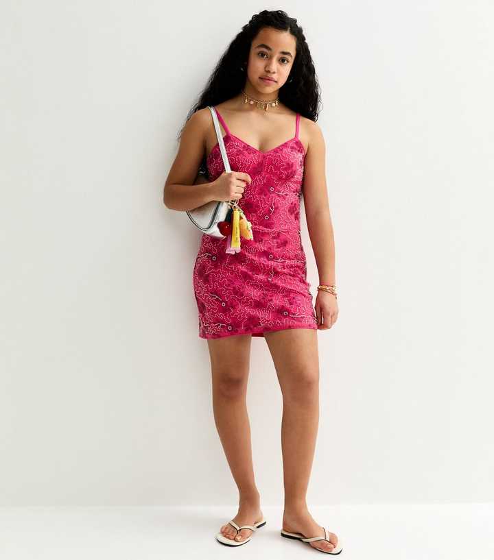 Girls Bright Pink Sequin and Bead Embellished Cami Dress