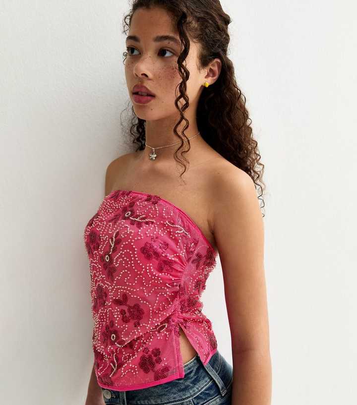 Girls Bright Pink Mesh Sequin Bandeau Top