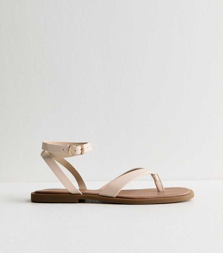 Cream Toe Post Wrap Around Ankle Strap Sandals