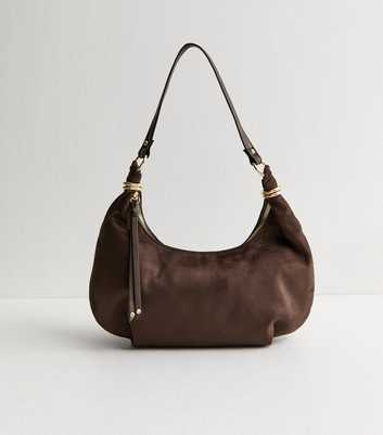 Brown Faux Suede Scooped Top Shoulder Bag