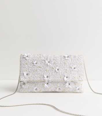 White Sequinned Floral Appliqued Envelope Clutch