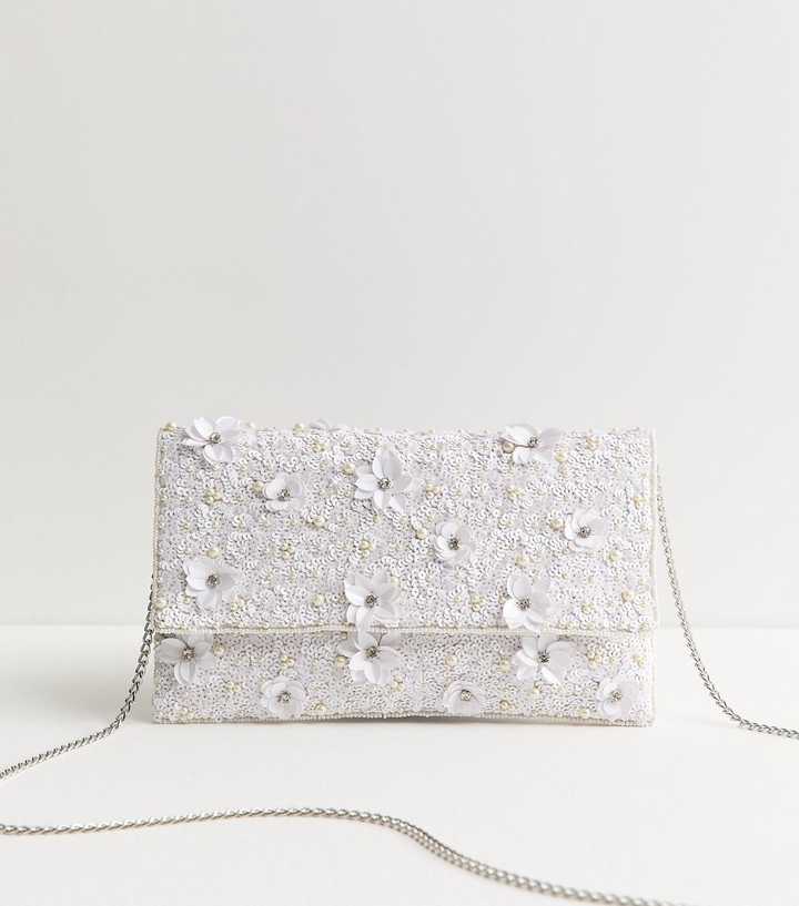 White Sequinned Floral Appliqued Envelope Clutch