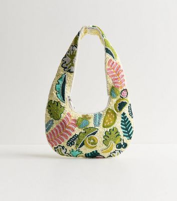 Green Tropical Beaded Shoulder Grab Bag
