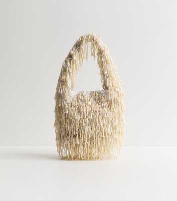 Cream Beaded Fringe Shoulder Grab Bag