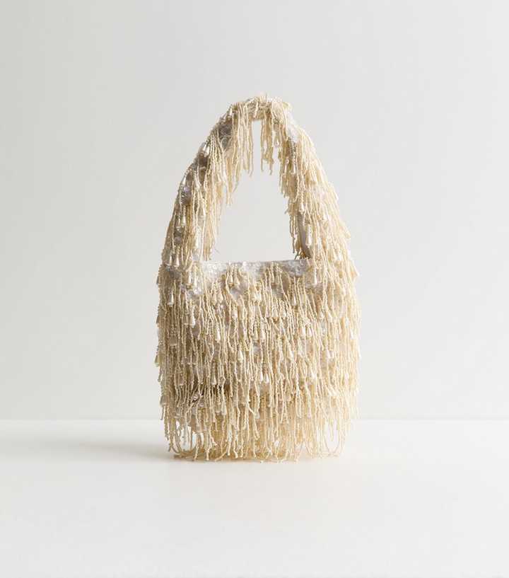 Cream Beaded Fringe Shoulder Grab Bag