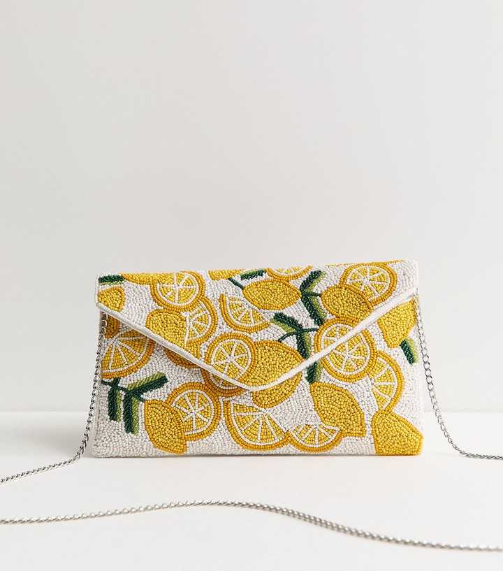 White Citrus Pattern Beaded Envelope Clutch