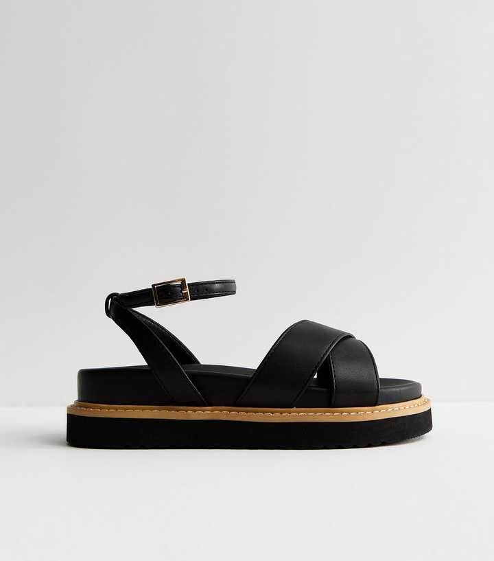 Wide Fit Black Faux Leather Crossover Strap Sandals