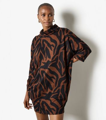 Apricot Brown Zebra High Neck Cocoon Dress | New Look