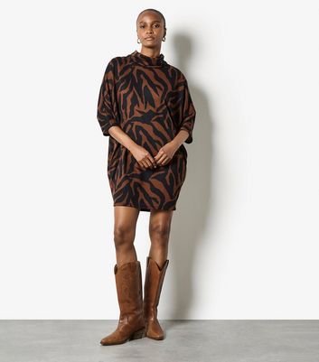 Apricot Brown Zebra High Neck Cocoon Dress | New Look