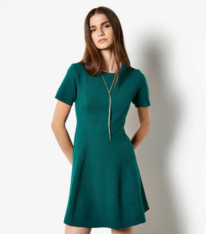 Apricot Dark Green Panel Knitted A-line Dress