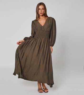 Urban Bliss Dark Khaki Long Sleeve Elasticated Waist Maxi Dress