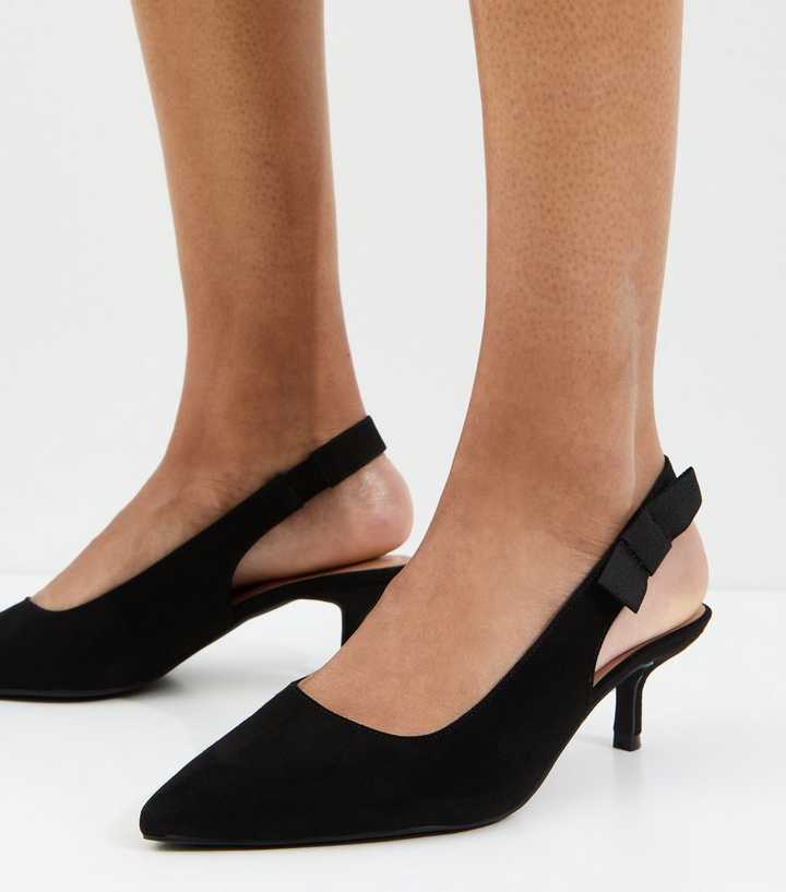 Wide Fit Black Faux Suede Kitten Heel Slingback Court Shoes