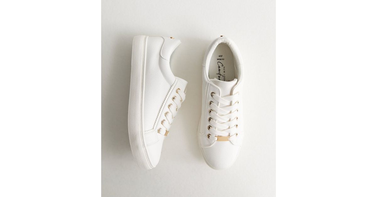 Wide Fit White Faux Leather Lace Up Trainers | New Look