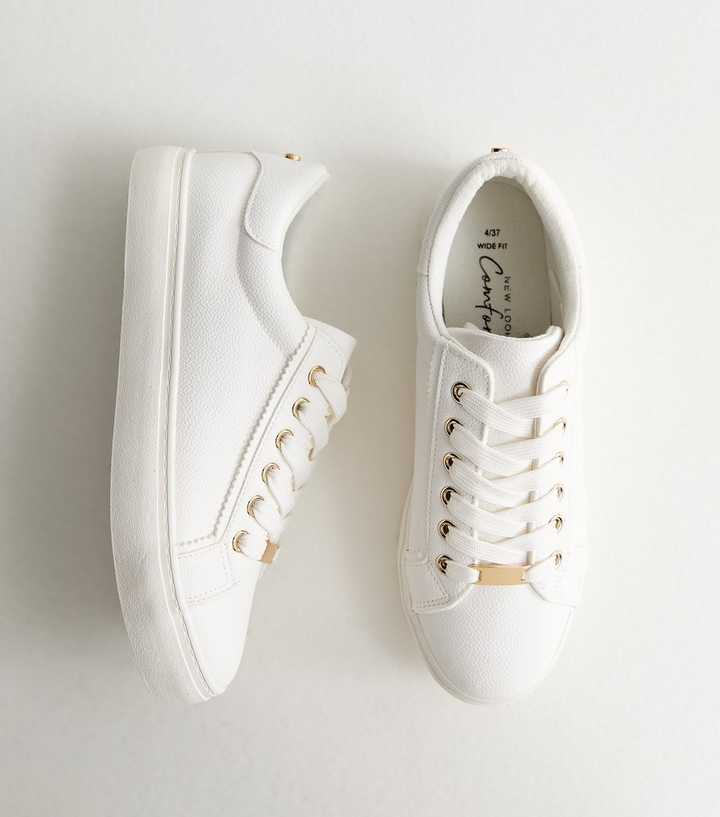 Wide Fit White Faux Leather Lace Up Trainers