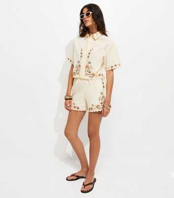 Cream Cotton Floral Embroidered Woven Shorts