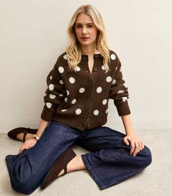 Brown Polka Dot Crew Neck Cardigan