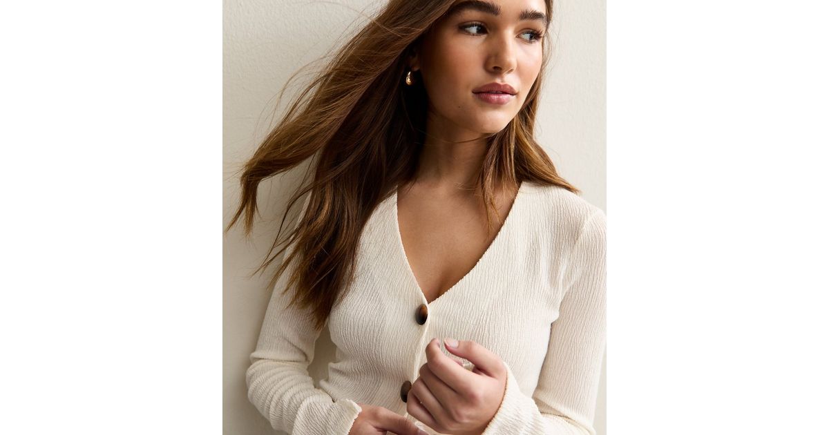Off White Short Sleeve Button Back Top