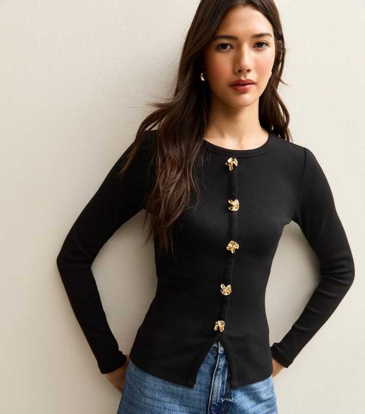 Black Ribbed Gold Button Long Sleeve Top