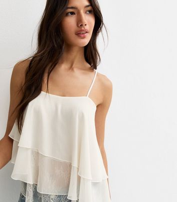 Off White Lace Asymmetric Tiered Cami Top | New Look