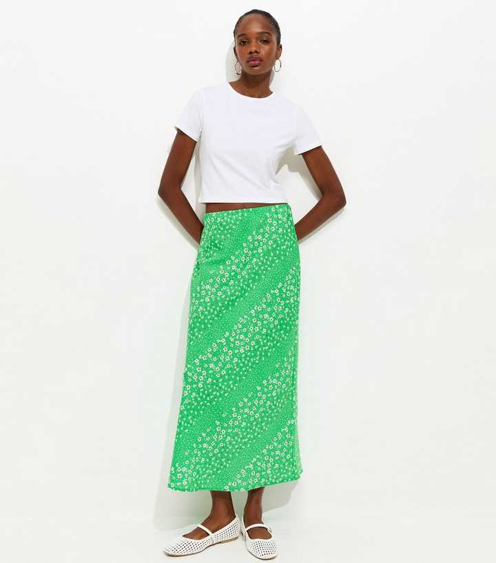 Green Floral Print Crepe Bias Cut Midi Skirt