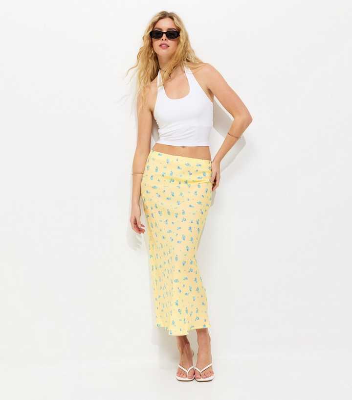 Yellow Ditsy Floral Bias Cut Midi Skirt