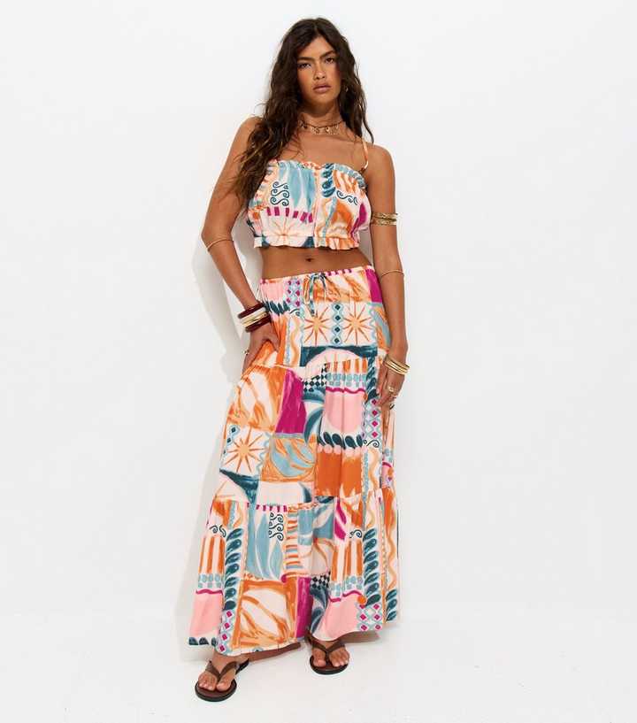 Multicolour Crepe Tropical Print Tiered Midi Skirt