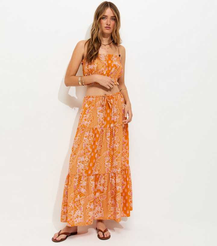 Orange Paisley Print Tiered Maxi Skirt