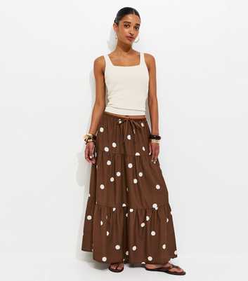 Brown Polka Dot Tiered Midi Skirt