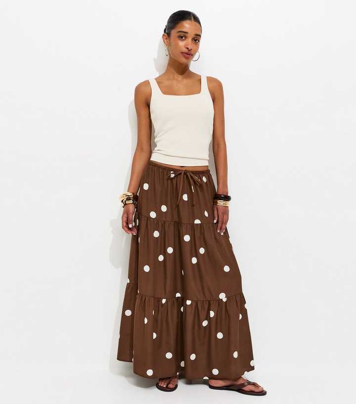 Brown Polka Dot Tiered Midi Skirt