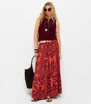 Red Leaf Print Tiered Maxi Skirt