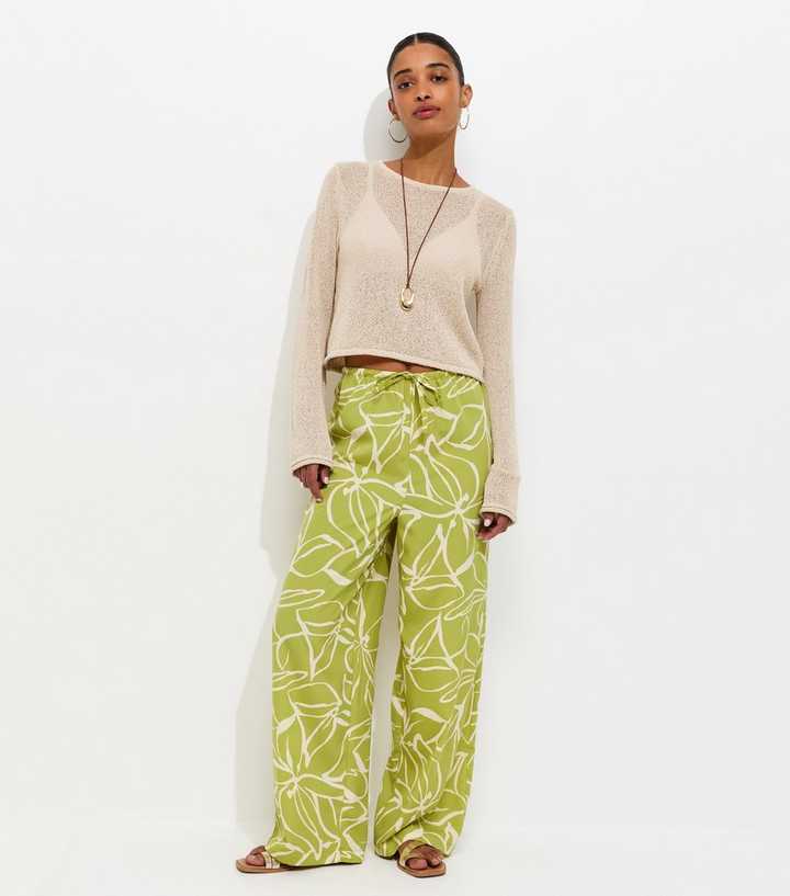 Green Crepe Sketch Floral Print Wide Leg Trousers