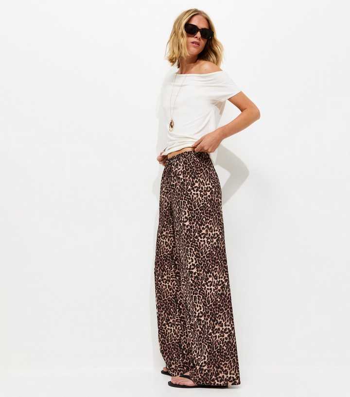 Brown Crepe Leopard Print Wide Leg Trousers