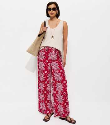 Red Palm Tree Print Wide Leg Trousers