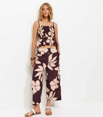 Brown Floral Cropped Wide Leg Trousers
