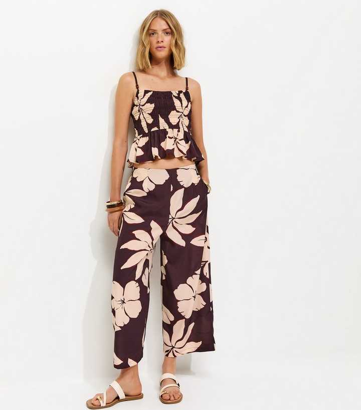 Brown Floral Cropped Wide Leg Trousers