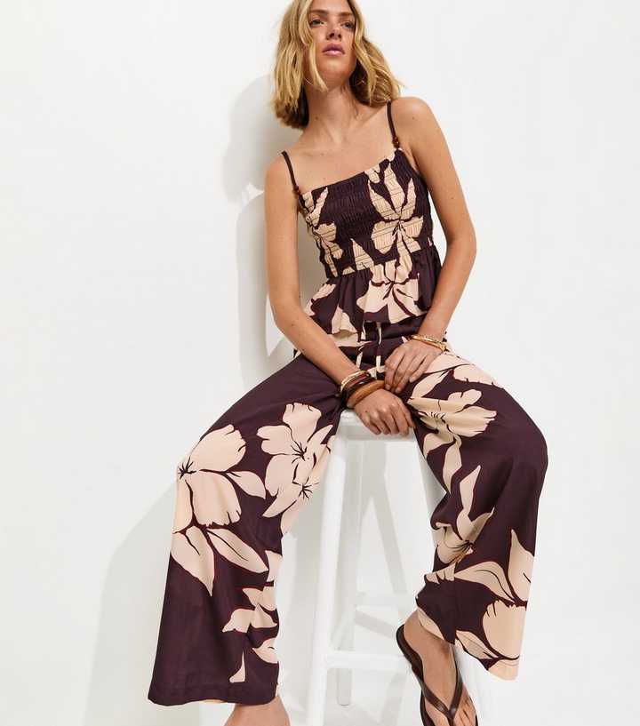 Brown Hibiscus Print Wide Leg Trousers