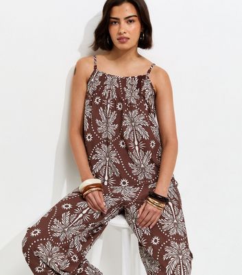 Brown Crepe Sun Patterened Bead Cami Strap Top | New Look