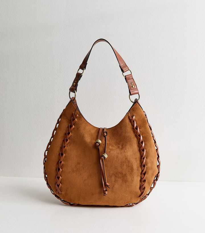 Tan Faux Suede Scooped Hobo Shoulder Bag