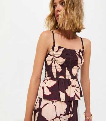 Brown Hibiscus Print shirred Cami Top