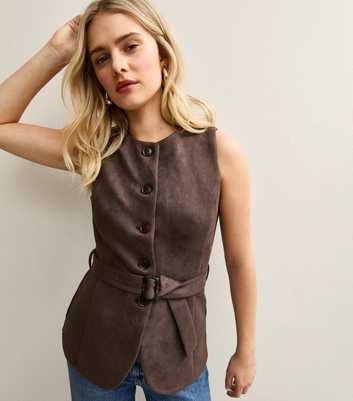 Dark Brown Faux Suede Belted Waistcoat