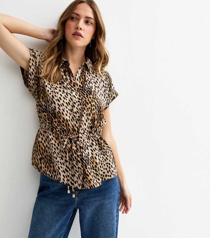 Brown Animal Print Drawstring Shirt